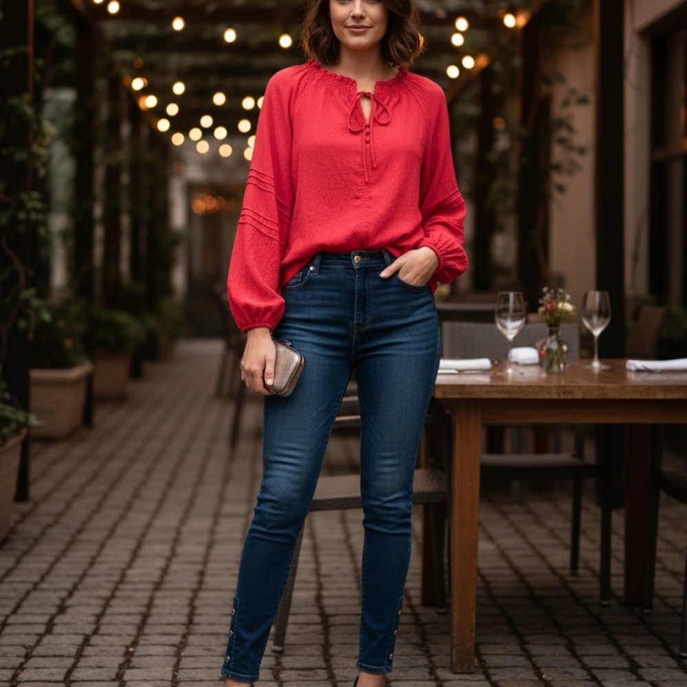 Cranberry Red Relaxed Tie Front Long Sleeve Blouse